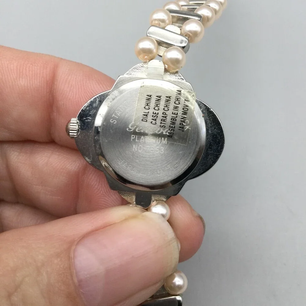 Geneva Platinum Womens Watch 27mm MOP Dial Faux Pearl Crystals New Battery 7.5
